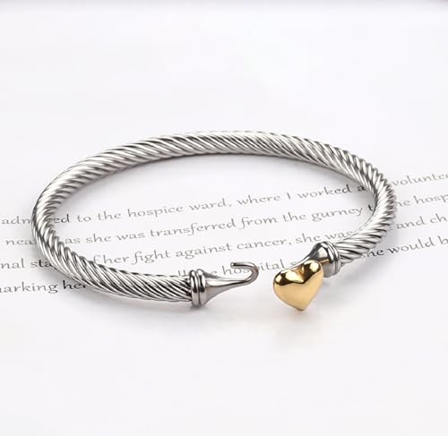 Adjustable Twist Stainless Steel Cable Wire 14K Gold Plated Love Heart Charm Bracelets Friendship Open Bangle Wrist Cuff for Women Men