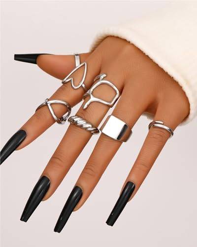 FAXHION 12PCS Gold Stackable Rings Set for Women, 18K Gold Plated Open Stacking Knuckle Ring, Adjustable Chunky Signet Band Statement Ring for Gift - color: 1-Silver-12pcs