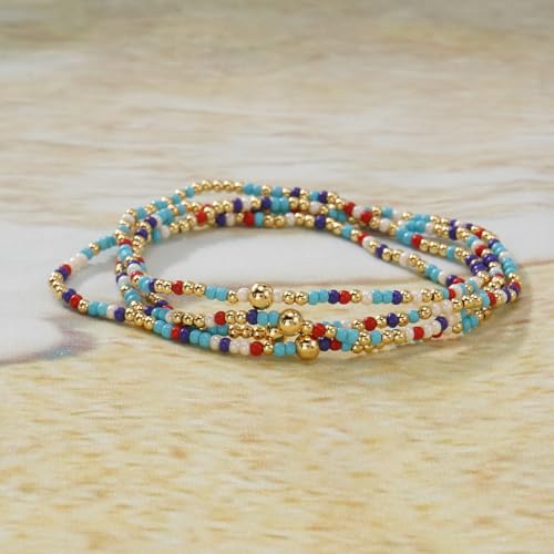 Seed Beaded Stack Bracelets Set for Women,Small Boho 4Pcs Colorful Handmade Dainty Trendy Gold Stretch Accessories Jewelry, Summer Daily Party Friendship Gift - color: Aqua Blue