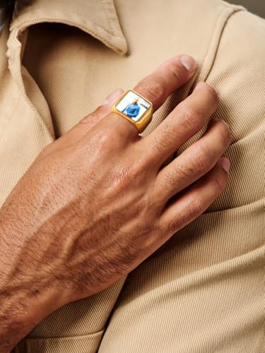 FindChic Customized Signet Photo Rings Square/Heart/Round Chunky Band Ring Stainless Steel/18K Gold Plated/Black Size 7 to 14 Personalized Jewelry for Men Women, Send Gift Box - color: 01. square-no stones (gold)