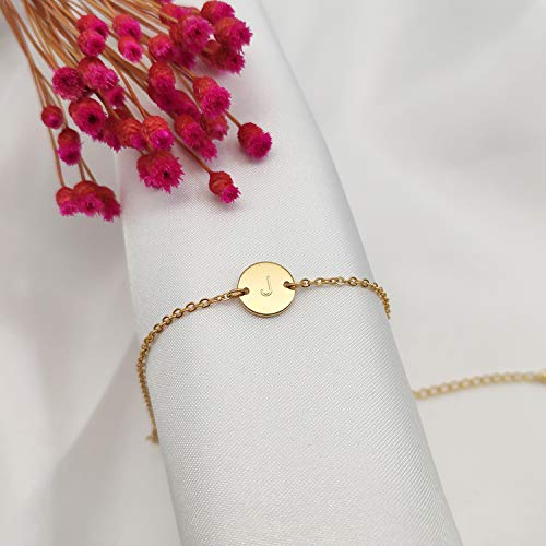 Ovian Initial Charm Bracelet for Women 18K Gold Plated stainless steel Coin Disc Engraved Letter Bracelet Personalized Monogram Name Bracelet - color: J
