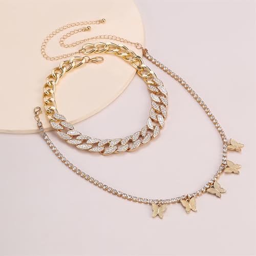 2Pcs Layered Hip Hop Shiny Rhinestone Bead Chunky Chain Butterfly Pendant Necklace Punk Crystal Cuban Link Chain Choker Collar Necklace for Women Party Birthday BarJewelry Gift - color: G gold-3