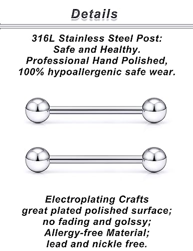 14G Nipple Piercing Jewelry Tongue Rings Surgical Steel Silver Tongue Nipple Barbell Bar Piercing Jewelry for Women 14mm 16mm 19mm - color: A:Silver Tone