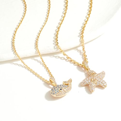 MTMY Gold Starfish Necklace 14K Gold Plated Shell Conch Ocean Pendant Necklace for Women Beach Summer Jewelry - style: Whale