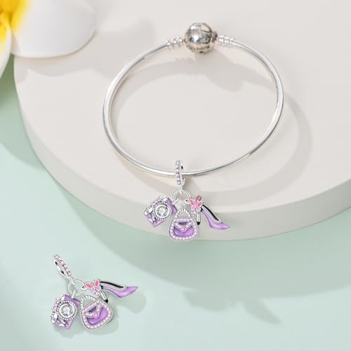 Charm for Bracelets and Necklaces Heart Cat Flower Boy 925 Sterling Silver Bead Birthday Jewelry Gift for Women - color: Purple Camera Bag and High Heels Triple Charms