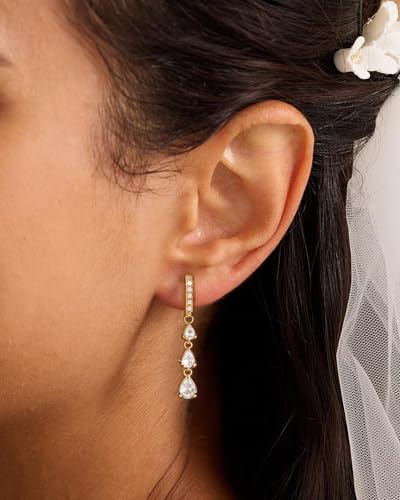 14K Gold Plated/Sterling Silver CZ Pearl Drop Dangle Earrings for Women - color: Gold-Long CZ