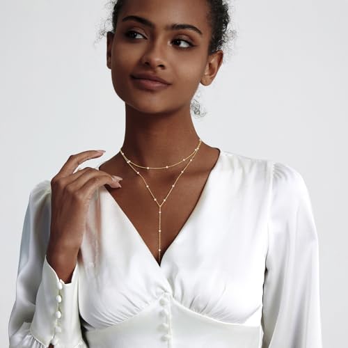 Zeffy Gold Pearl Necklace for Women, Dainty 14K Gold/Silve Plated Layered Pearl Choker Pearl Earrings Pearl Bracelets Wedding Trendy Gold Jewelry Set for Women Gifts - style: Gold Pearl Y Layered Necklace -1PCS