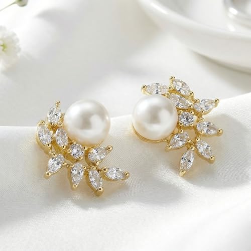 Mariell Pearl & Marquise CZ Crystal Wedding Earrings for Bride, Bridesmaids & Mother of the Bride - color: Gold