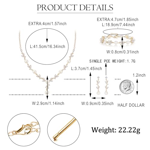 EVER FAITH Cubic Zirconia Pearl Leaf Bridal Jewelry Set for Bride Women - color: Marquise_Gold-Plated-Brass