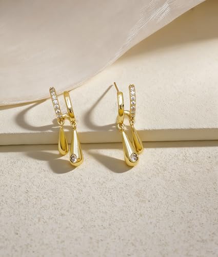 Pearl Earrings for Women Trendy, 14k Gold Plated Freshwater CZ Leaf Pearl Dangle Drop Gold Earrings Lightweight Hypoallergenic Stud Earring Bridesmaid Wedding Gold Jewelry for Women Gifts - style: cz teardrop earrings-1