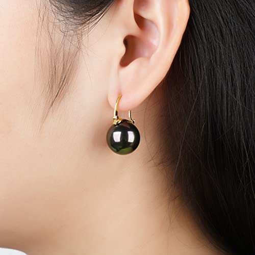 HUGE TOMATO 925 Sterling Silver Simulated Shell Pearl Earrings for Women Trendy, Big Pearl Drop Earrings Leverback Stud,18K Gold Plated Large Pearl Hoop Dangle Hypoallergenic Jewelry 14mm - color: Black Green