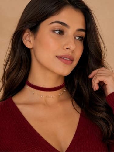 Red Velvet Choker for Women Layered Peal Pendant Choker Necklace Adjustable Gothic Tattoo Ribbon Chokers Classic Collar Necklaces for Women - color: Red