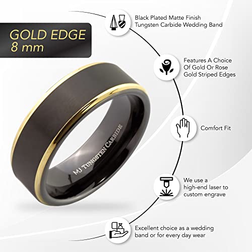 Tungsten Carbide Wedding Bands That Feature Different Finishes and Edge Colors - color: Black/Gold-8mm