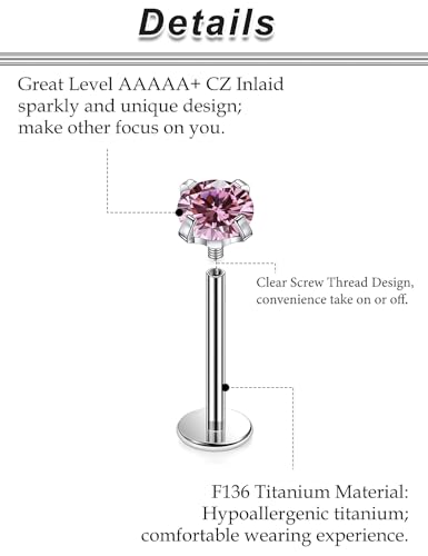 20G 18G 16G Titanium Flat Back Nose Rings Studs Hypoallergenic Lip Labret Monroe Medusa Internally threaded Tragus Cartilage Helix Earrings Studs Piercing Jewelry for Women Men 6mm 8mm 10mm - color: 18G -Flat Back With Screw on Tops-Pink CZ