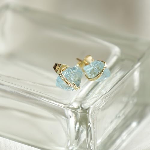 Gempires Wire Wrapped Raw Gemstone Stud Earrings for Women, Birthstone | Handmade wire-wrapped raw gemstone stud earrings — choose from stones and birthstones, artisan raw crystals on gold. - style: Aquamarine