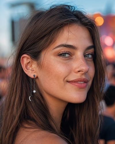Moon and Star Dangle Earrings | Chain Tassel with Cubic Zirconia Drop Front and Back Earrings Celestial Jewelry for Wedding Gift - color: Black