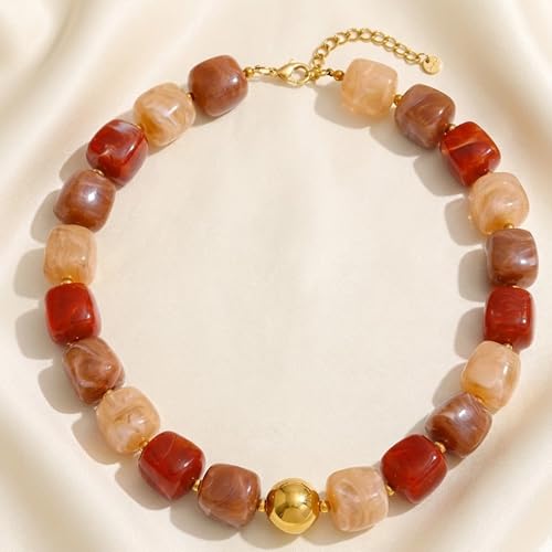 Mchic Colorful Beaded Choker Necklace for Women: Boho Large Square Acrylic Beaded Necklace Stainless Steel Adjustable Surfer Beach Strand Necklaces Summer Handmade Jewelry Gift for Women - color: Mix Khaki