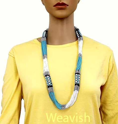 Boho Native Handmade Seed Bead Tassel Necklace, Bohemian Large Statement Beaded Necklace for Women (Turquoise)