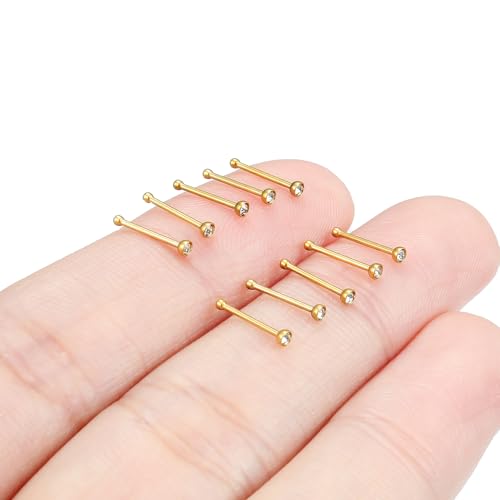Hoeudjo Nose Studs Surgical Steel Cubic Zirconia Nose Rings Kit for Women Men Tiny Nose Stud Bone & Screw & L Shaped Nostril Piercing Jewelry 18/20/22/24 Gauge 10 Pieces - color: gold-tone,nose bone studs, size: 22g/1.5mm clear CZ