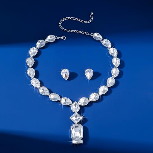 Fashion Colorful Green Silver Bridal Teardrop Crystal Necklace Earrings Set Square Necklace Pendant Crystal Wedding Jewelry for Women Exaggeration Halloween Choker Necklace Earrings Set for Women - color: Silver