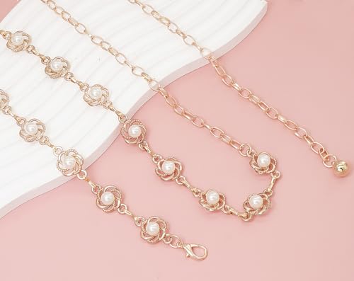 Women's Waist Chain Flower Metal Belt for Dresses Jeans | Adjustable Belly Waist Chain - color: Pearl Flower Gold, size: XL: 150cm/59in