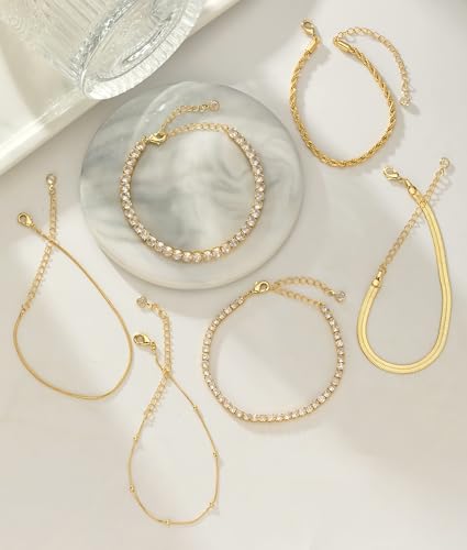 Gold Bracelets for Women 14K Gold Plated Stack Trend Bracelets Charm Paperclip Chain Cuban Link Layered Waterproof Bracelet Dainty Bracelet for Women Jewelry Gifts - color: 6Pcs Gold