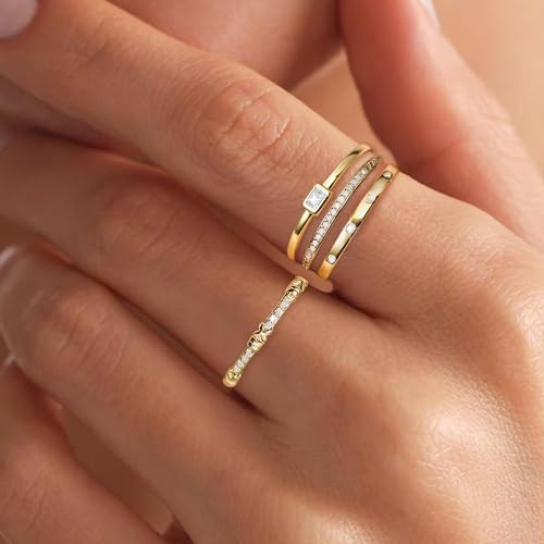 EXGOX Dainty Stackable Gold Rings - 14K Gold Plated, Non Tarnish Cubic Zirconia Stacking & Thumb Knuckle Rings (4pcs Size 7-11) - color: 4Pcs Thin Rings, size: 11