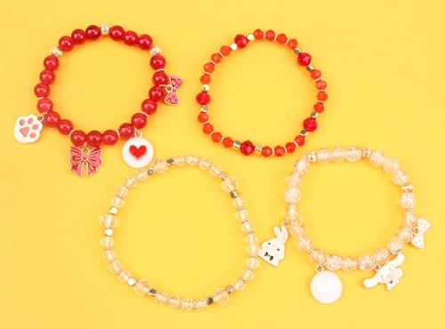 Cute Cartoon Charm Beaded Stretch Bracelet Set, Crystal Beads with Enamel Animal Charms - color: color-1