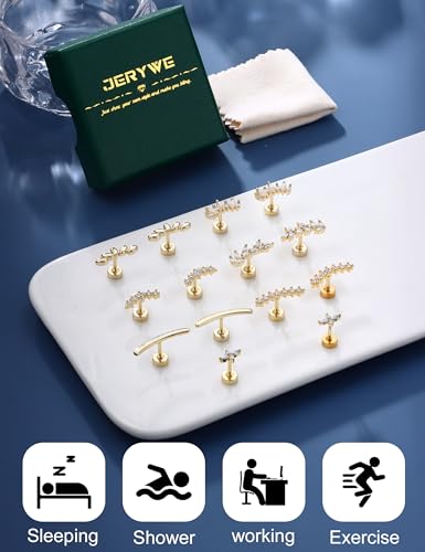 JeryWe Cartilage Earrings for Women Hypoallergenic Flat Back Earrings Surgical Steel for Sensitive Ears Flatback Stud Earring Helix Conch Tragus Daith Piercing Jewelry 16G