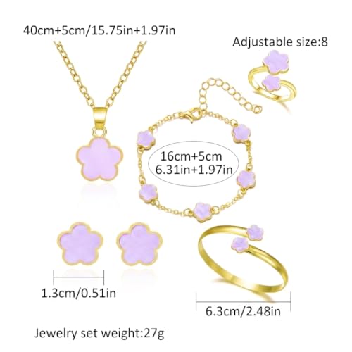 Clover Jewelry Set for Women Non Tarnish Gold-Tone Five Leaf Clover Necklace, Earrings, Ring, Bracelet Fashion Simple Floral Jewelry Set - color: Purple