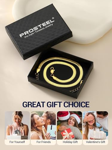 PROSTEEL 3mm/5mm Herringbone Choker Necklace for Women, 12.5"/15"/18", Stainless Steel/Sterling Silver Flat Snake Chain in Silver/Yellow Gold/Rose Gold/Black, Come with Box - color: 5mm-Gold Plated, size: 18 Inch