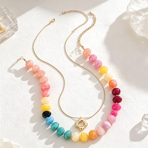 YUJIE Chunky Heart Pendant Necklace for Women- Exaggerated Statement Puff Heart Necklace with Acrylic Beaded Chain - color: B-Multi colour