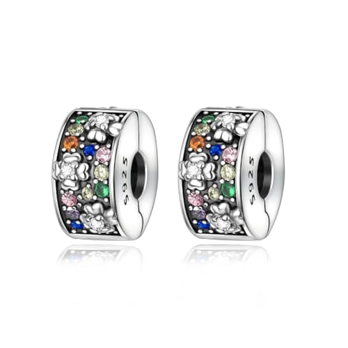 ARTCHARM Clasp Love Safety Chain Charm - Authentic 925 Sterling Silver Heart Beads - Fit European Style Bracelet - color: 2pc Colored Flowers Clip