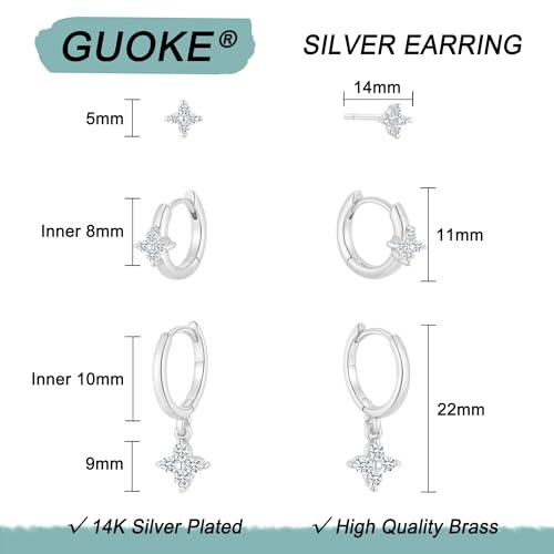 3 Pairs Earring Stacks, Gold Earring Set Jewelry Gift for Women | Small, 14K Gold/White Gold/Black/Rose Gold Plated, Hypoallergenic, Her, Everday, Stackable, Simple, 3 Holes - color: Silver-Clover