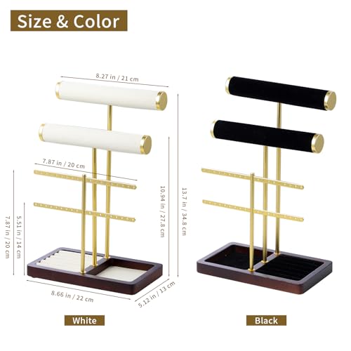 modern T-shaped jewelry rack, jewelry tower, gold metal, square ceramic base decoration display tower, necklace, bracelet, ring storage rack (2-layer black velvet) - style: 2-layer black velvet