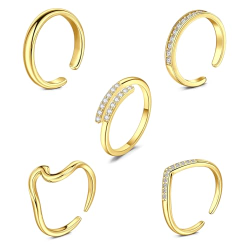 Briana Williams Toe Rings for Women Gold Toe Ring Adjustable Silver Open Band Rings Simple Wave Diamond Barefoot Beach Foot Jewelry for Summer - color: B1 -5pcs, golden