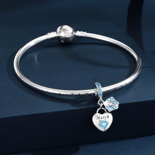 HappyStar 925 Sterling Silver Happy Birthday Bead Charm Love Heart Shape Birthstone Charms for Bracelets Dangle Pendant with 5A Cubic Zirconia Compatible Pandora Bracelets Jewelry Gift for Women - color: 3-March Birthstone Charms