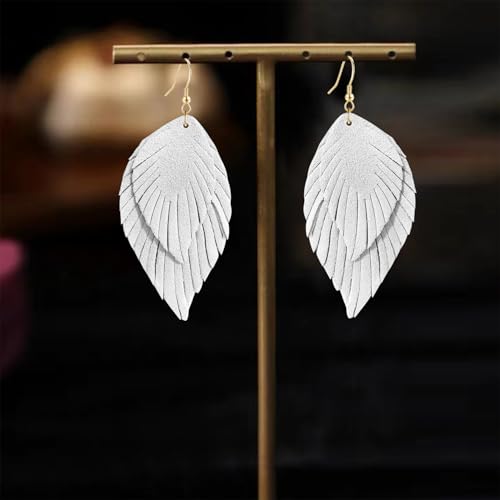 Genuine Leather Handmade Fringe Feather Lightweight Dangle Drop Earrings Teardrop Tassel Hook Earrings for Women - style: 1 White