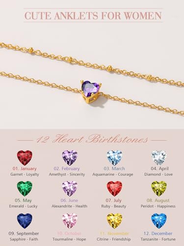 FindChic Bling Heart Birthstone Anklets Layered Beaded Ankle Bracelets for Women Gold/Black/Silver 12 Month Gem Colors Foot Chain Summer Jewelry for Girls, with Gift Box - color: Gold, style: 05. MayCreated Emerald(Prong Setting)