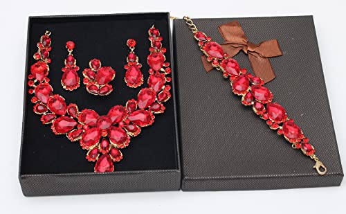 Women's Wedding Bridal Austrian Crystal Glass Teardrop Statement Necklace Dangle Earrings Bracelet Ring Wedding Party Jewelry Set for Bridal Bridesmaid - color: Red-Gold Plated