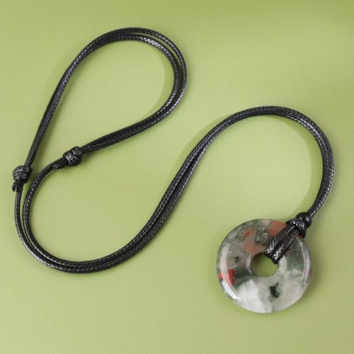 FANASY Natural Gemstone Pendant Necklce Lucky Coin Crystal Necklace Protection Donut Pendnat with Adjustable Rope for Men Women - color: African Bloodstone