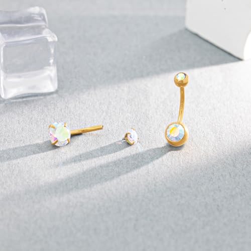 2pcs 14k Gold Filled Belly Button Rings, 14G 8mm/10mm/12mm Threaded Barbell Belly Button Piercing, Navel Ring Piercing Jewelry - color: 14K GF-2pcs-AB Round CZ-10mm