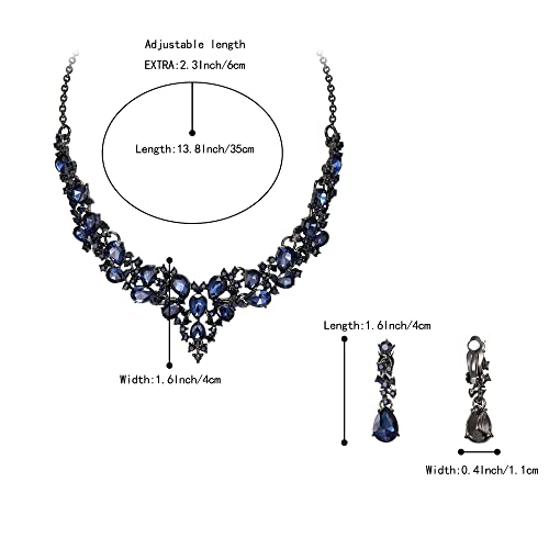 Wedding Statement Necklace Clip-on Earrings Jewelry Set | Sparkling Austrian Crystal Teardrop Cluster for Party Prom Accessories - color: 07-Sapphire Color Black-Tone