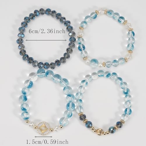 Boho Beaded Bracelet Set for Women - 4 Pcs Multilayer Stackable Crystal Glass Bead Bracelets with Faux Pearl Elastic Stretch Fashion Jewelry for Daily Wear, Beach, Party & Gifts - color: Blue