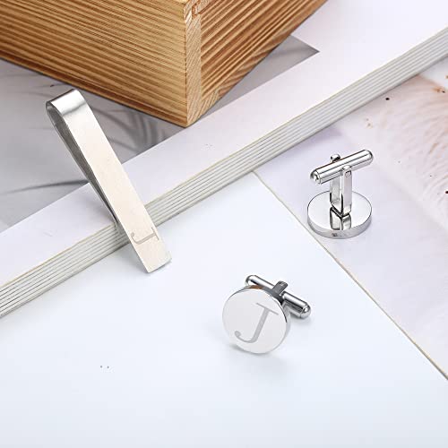 Initial Cuff Links Mens and Tie Clips for Men | Classic Silver Letter Alphabet A-Z Cufflinks and Tie Bar Set, Gifts for Men Father Husband for Formal Business Wedding - style: J