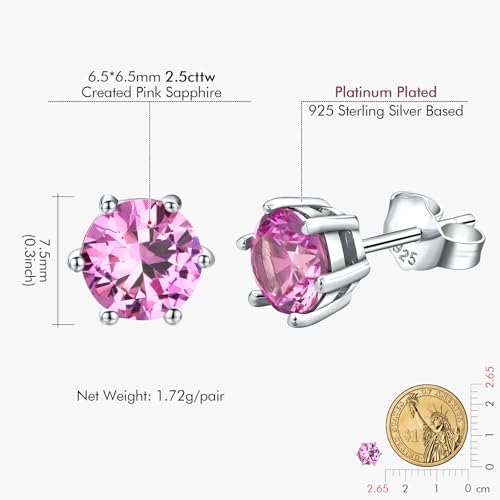 DAYBYDAY 925 Sterling Silver Birthstone Earrings for Women, Crystal Stud Earrings, 6.5mm Round Cut Solitaire Gemstone Earrings Birthday Jewelry - style: Round Cut-10. Oct/created pink sapphire