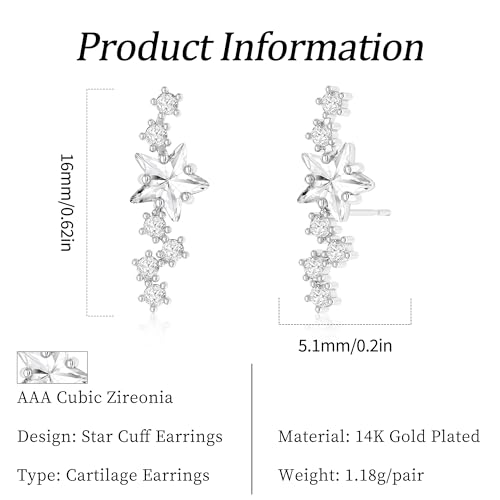 Star 14K Gold Plated Ear Cuff Earrings for Women Non Piercing, Dainty Silver Plated Clip on Cartilage Ear Cuff Non Pierced Trendy CZ Northstar Starburst Sparkling Climber Clawer Earring Jewelry - style: Northstar Stud-Silver