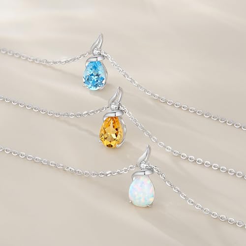 FANCIME 14K Solid White Gold Birthstone Pendant Necklace for Women with Diamond Pear Shaped Teardrop Necklace Birthday Gifts for Mom Women,Sterling Silver Chain 16" + 2" Extender - color: 10-Opal