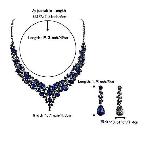 Women's Wedding Statement Necklace Dangle Earring Jewelry | Austrian Crystal Teardrop Cluster,Necklaces Earrings Set for Bride Bridesmaid,Prom Accessories - color: 07-Navy Blue Black-Tone
