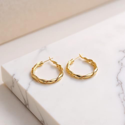 14k Gold Plated Hoop Earrings for Women, 925 Sterling Silver Posts Thick Twist Hypoallergenic Chunky Large Earrings 20mm 30mm 40mm 50mm - color: Yellow Gold, size: 30mm